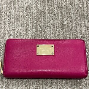 Michael Kors Hot Pink Leather Zip-Around Wallet with Gold Plate